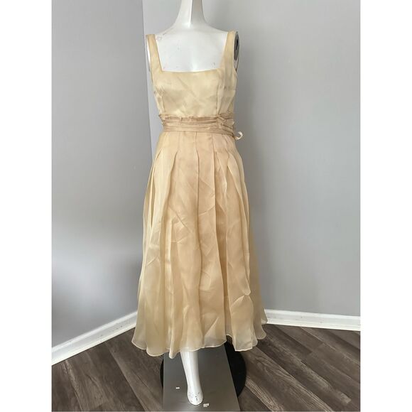 NWT AWAKE Mode Sleeveless Asymmetric Hem Silky Organza Midi Dress Beige Size FR3 - Picture 2 of 10